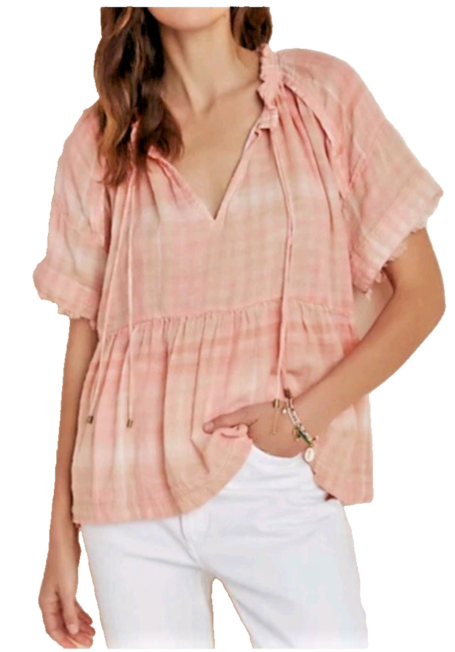 Anthropologie Pilcro 1X Peach The Bette Babydoll Tie Neck Boho Peasant Top Shirt